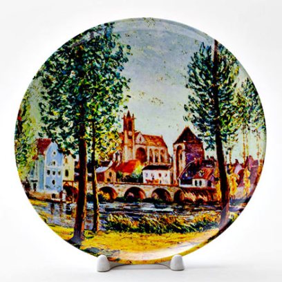 Декоративная тарелка Сислей Альфред «Moret sur Loing Bridge church and mill Sun» Фарфор. 200 мм.