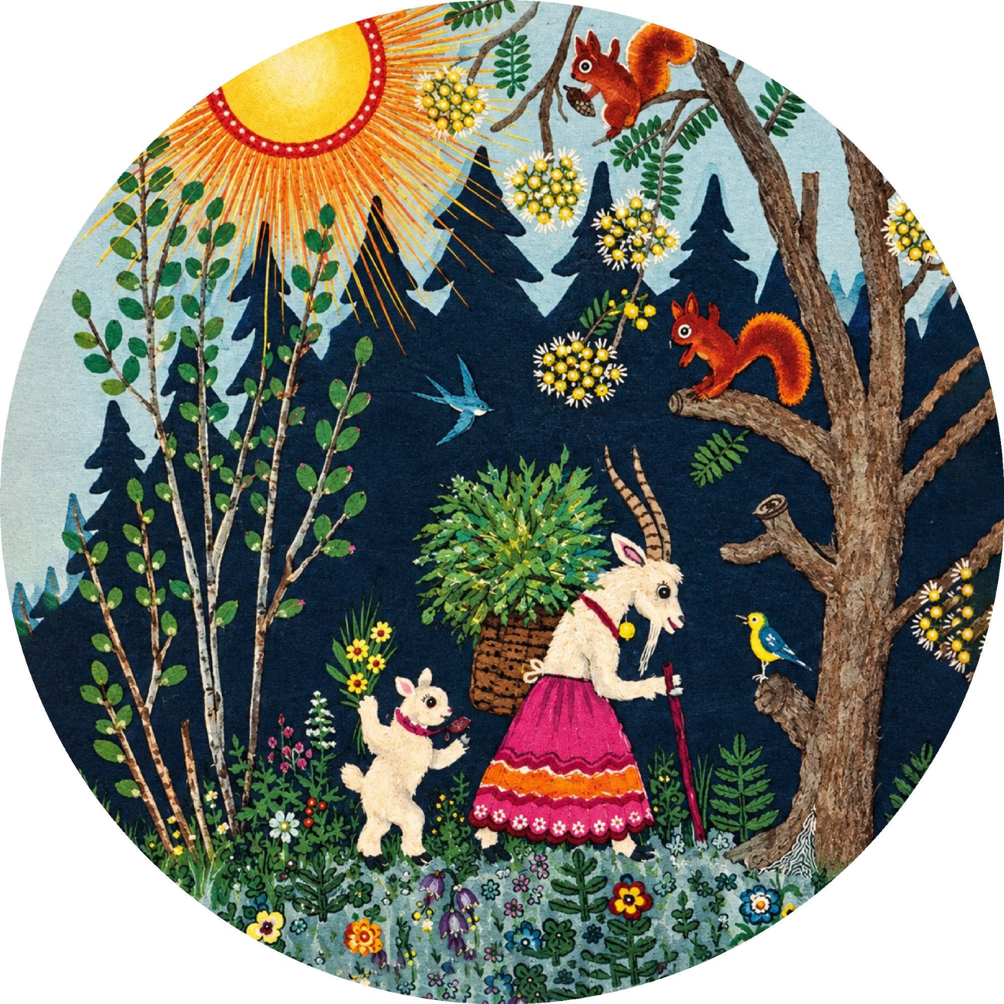 Коза с козлёнком в лесу